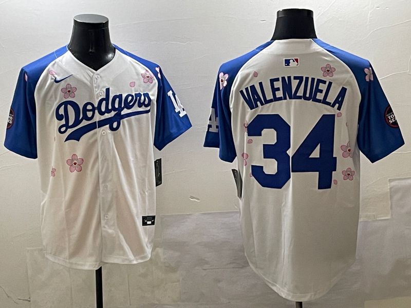 Men Los Angeles Dodgers 34 Valenzuela White Blue Sakura Edition 2025 Nike MLB Jersey style 1